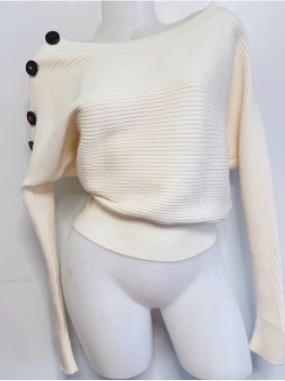 Zara Knit Women’s Cream Ribbed Off-Shoulder Sweater Button Detail Size S